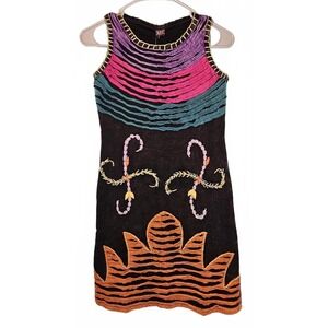 K.P.C. Handmade Boho Sleeveless Mini Dress with Embroidered Design Black Size S